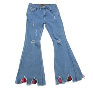POL Flared Blue Denim Jeans With Frayed Hem & Tassels, Size S